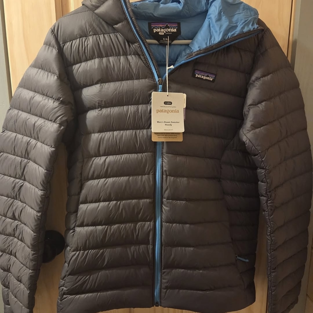 Patagonia Men's Gray Down Hoody with Blue Accents